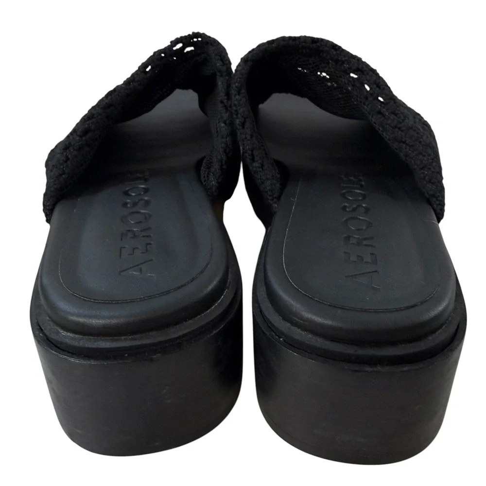 Aerosoles Denise Black Woven Platform Slide Sandals Square Toe Block Heel 8.5